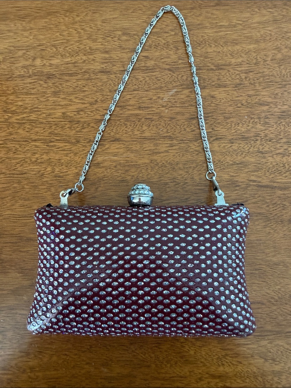 Expressions NYC Burgundy Crystal-Embellished Evening Clutch with Silver Chain